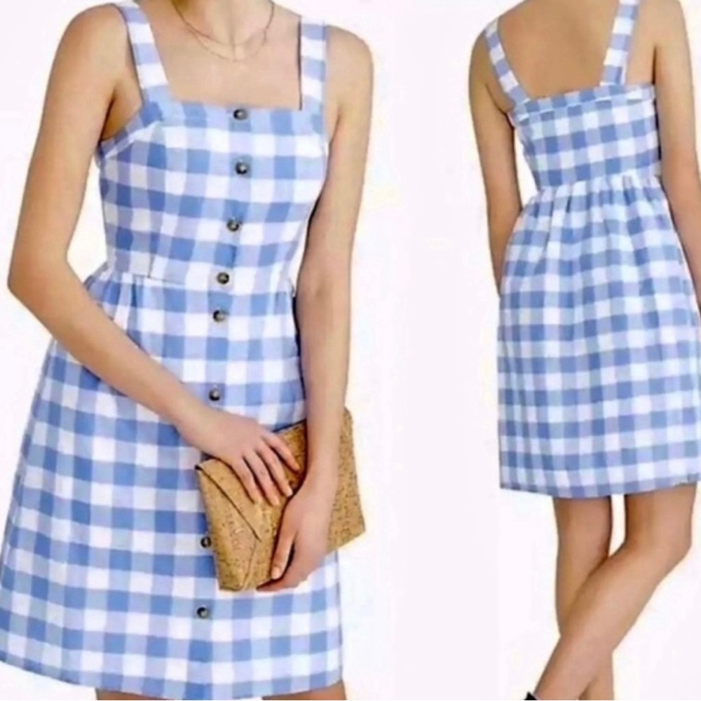 EUC J. Crew Sky Blue Buffalo Check Gingham Linen Dress, Sz 8
